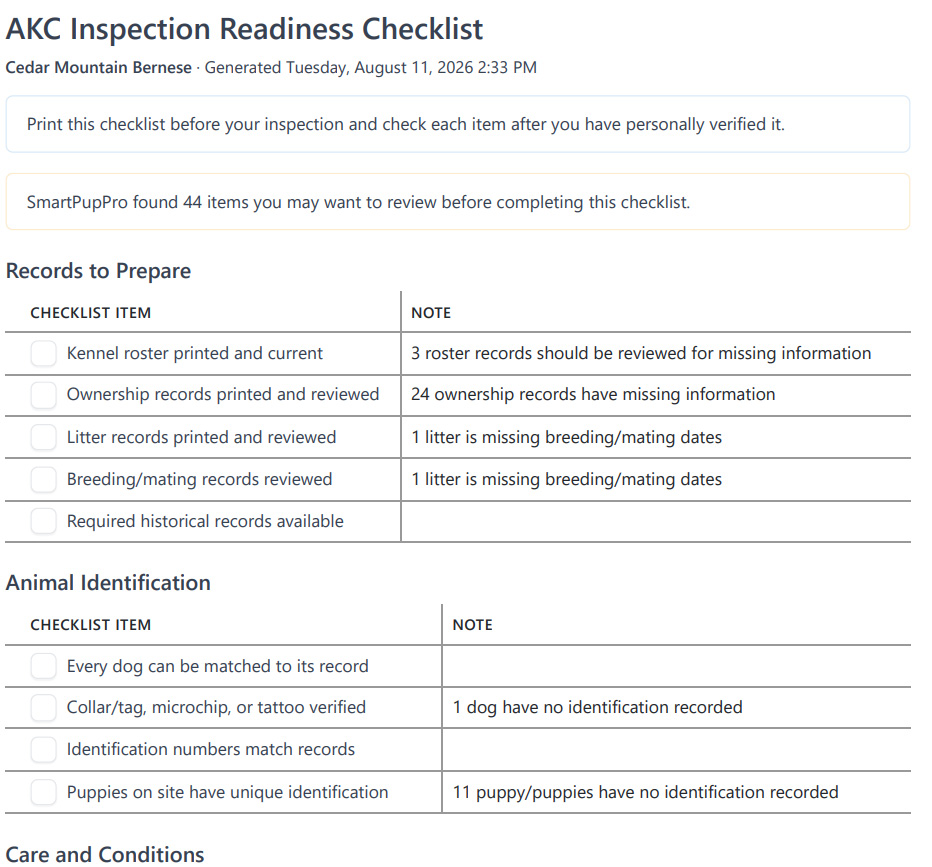AKC Inspection Checklist example